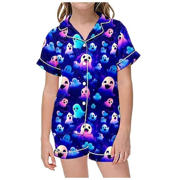 Girls Outfits Halloween Stylish Print Breathable Pocketed Short Sleeve Lapel Top And Shorts 2 Piece Loungewear Girls' Clothing Sets 2 Years-3 Years