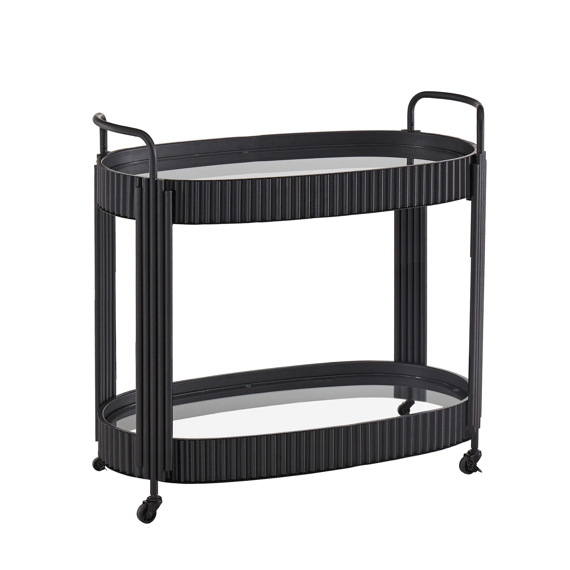 Weston Home Choteau Black Finish Metal Oval Bar Cart with Clear Tempered Glass