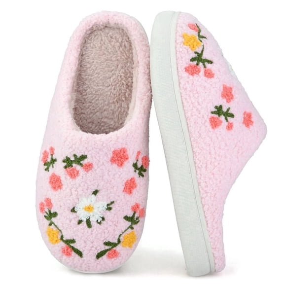 BERANMEY Cute Flower Print Slippers for Women Soft Plush Comfy Warm Slip-On Couple Womens Slippers Indoor Fluffy House Slippers for Womens Non-slip Fuzzy Flat Slides