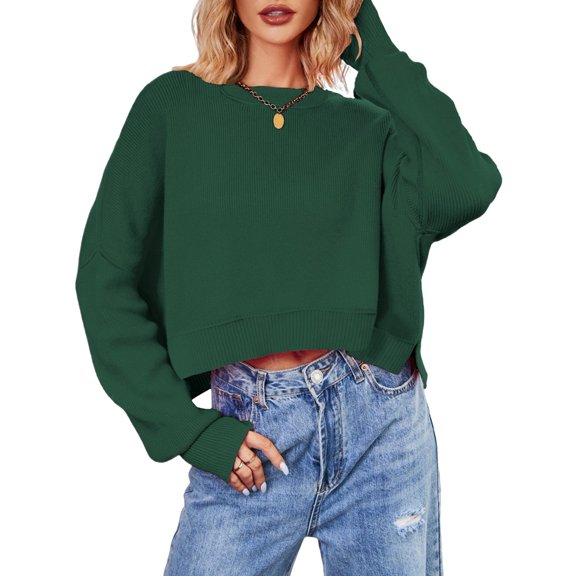 Women'S Oversized Batwing Sweaters 2025 Fall Outfits Trendy Crewneck Knit Side Slit Fashion Pullover Tops Green XL