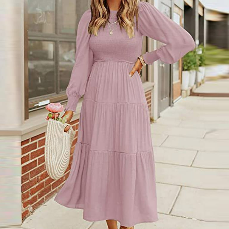 chinese dress ladies Pink High Neck Ruffle Tiered A-Line Midi Dress main image 0