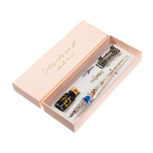 Zootealy Calligraphy Set with Glass Dip Pen Holder, Vintage Gift Box - Includes 10ml Ink, 2 Replacement Nibs - SP381-01 Upgrade Antique Silver Floral Pattern