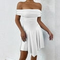 thumbnail image 5 of Women'S Off the Shoulder Mini Dress Ruffle Hem Ruched Corset Short Cocktail Party Dresses White XS, 5 of 9