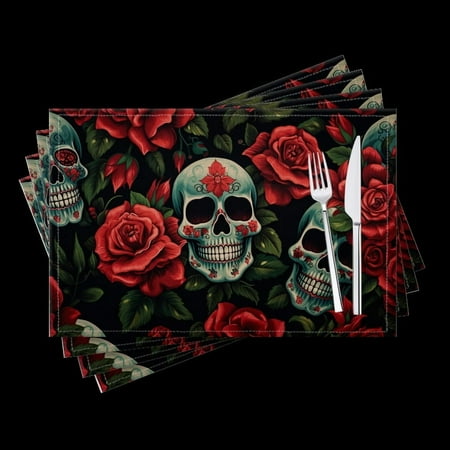 

Bahomeck Placemats Set Of 4 Rectangle Linen Cotton Placemats For Dining Table Fade Resistance Washable Heat Resistant，18*12Inch Beautiful Pattern Of Pop Art Skulls With Red Roses