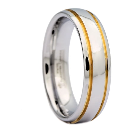 MJ Metals Jewelry Unisex White Tungsten Carbide Polished 2 Gold Stripes Wedding Band 6mm Ring Size 9.5