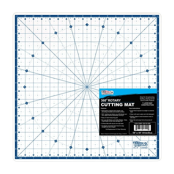 U.S. Art Supply 18" x 18" Self-Healing Cutting Mat 7-Ply - Rotary White/Blue Craft Mat, Non-Slip Cutting Mats for Crafts, Sewing, Quilting, Scrapbooking