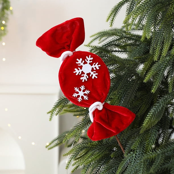 Recortes de Caramelos Navideños de Terciopelo a Rayas Rojas y Blancas, Piruletas de Lana Navideñas, Adornos para Árbol de Navidad