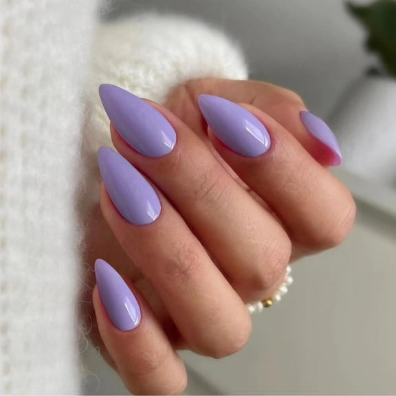 24 PCS Almond Press on Nails Medium Length,Press on Lilac Nails,Solid Color Medium Fake Nails Acrylic,Purple Stiletto Nails Glue on,Gel Stick on Nails for Women Girls Finger Decoration