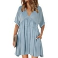 thumbnail image 1 of Women Solid Color Short Sleeve V Neck Side Pockets Ruffle Hem Mini Dress, 1 of 2