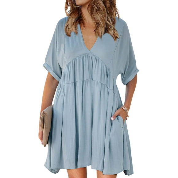 Women Solid Color Short Sleeve V Neck Side Pockets Ruffle Hem Mini Dress