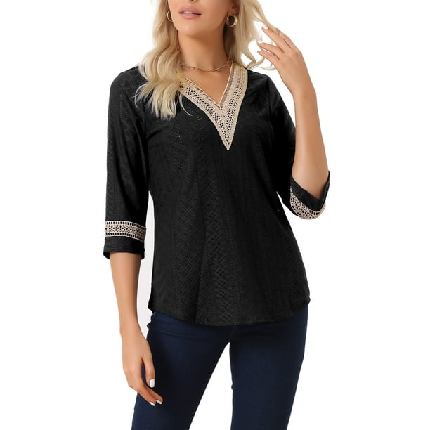 INSPIRAR CHIC Blusas de Mujer de Manga 3/4 Cuello en V con Contraste de Color y Encaje Negro S