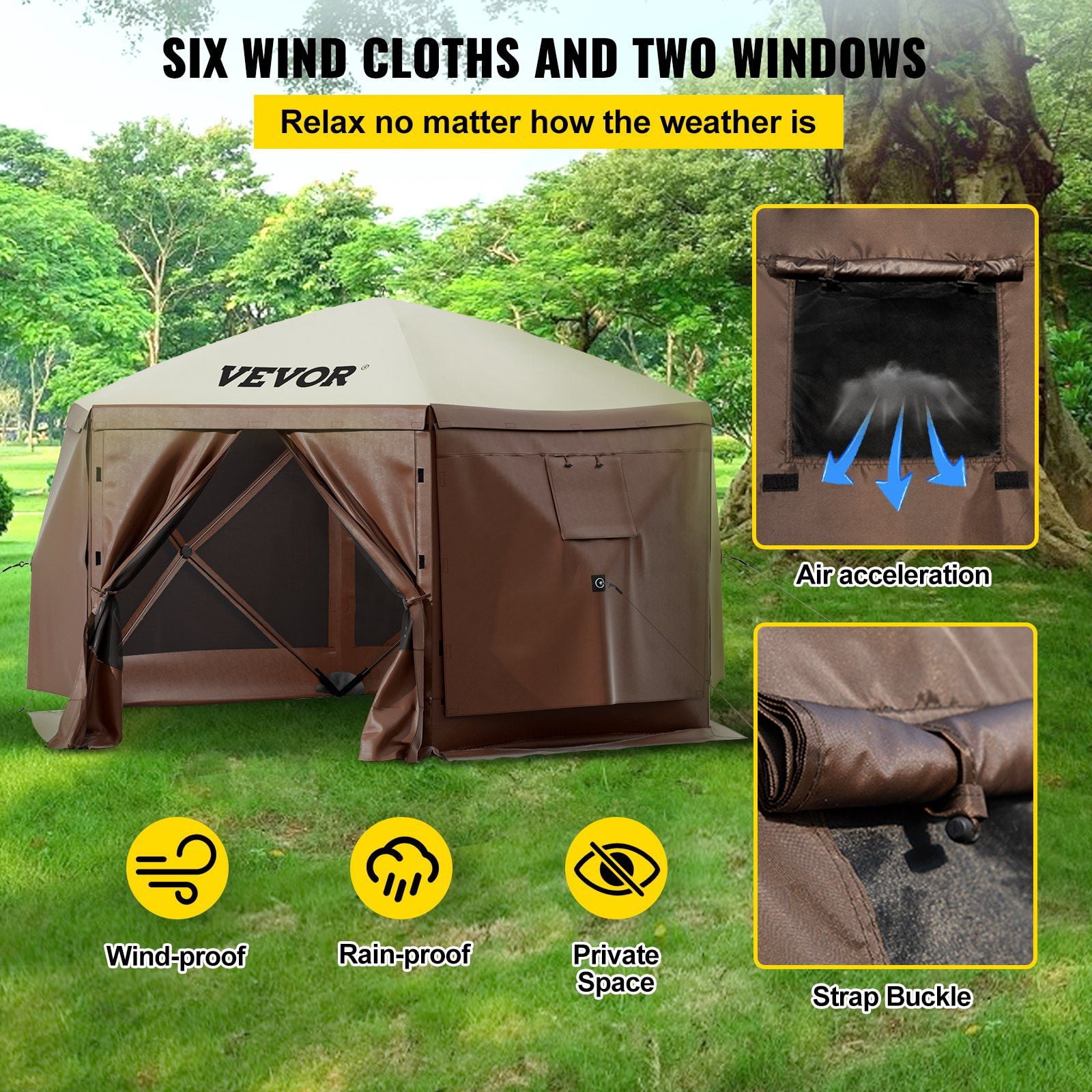 12'x12' Hexagon Pop-Up Gazebo Screen Tent With 6 Side Walls | Portable Instant Shade Canopy (Brown) - Lifetime Warranty