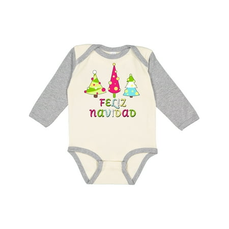 

Inktastic Feliz Navidad- row of decorated trees Boys or Girls Long Sleeve Baby Bodysuit