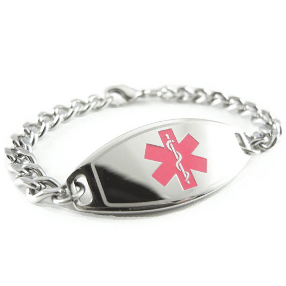 Red Symbol My Identity Doctor Pre-Engraved & Customizable Fibromyalgia Medical ID Bracelet Steel Oval Links