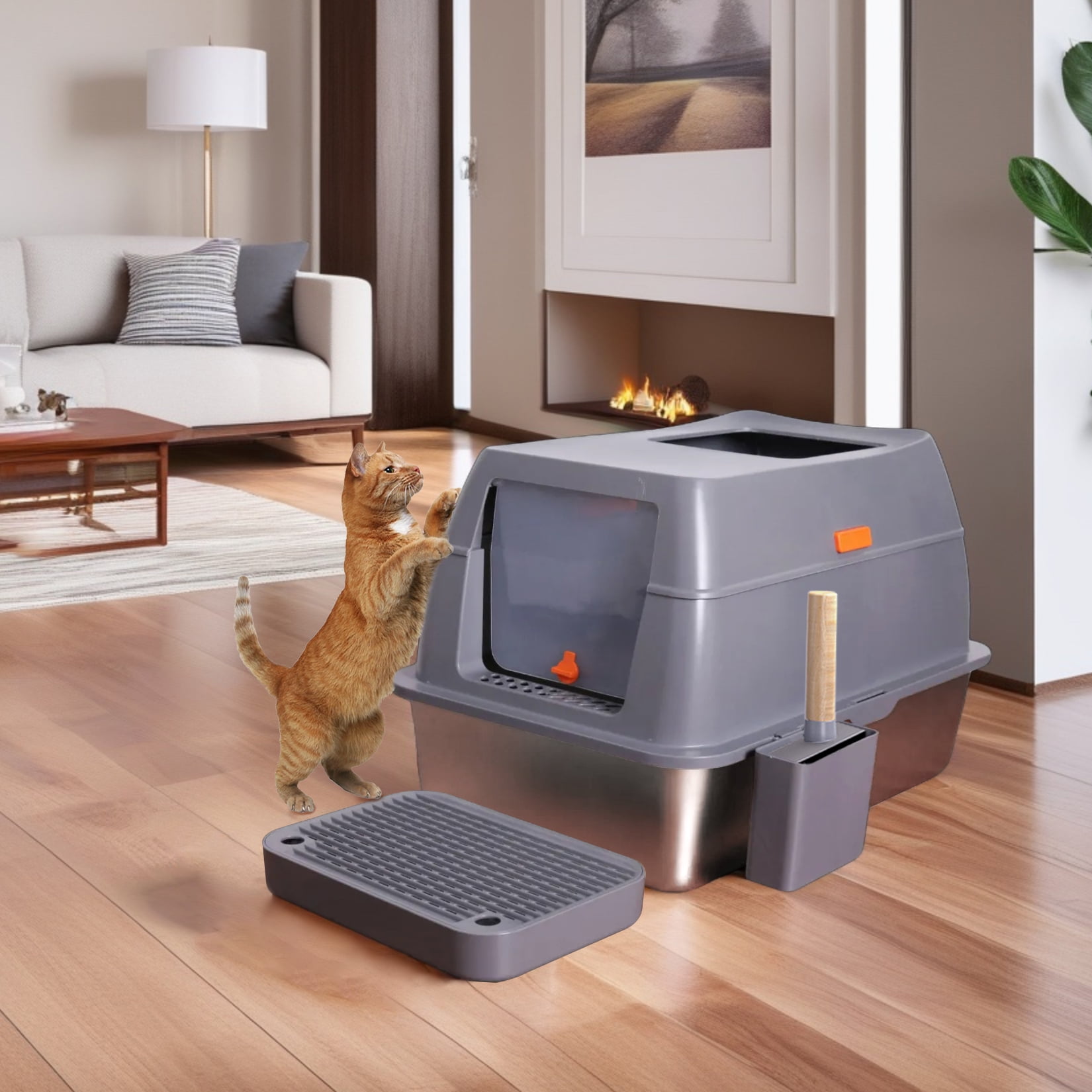 BingoPaw Stainless Steel Enclosed Cat Litter Box with Lid Extra Large Litter Pan Tray, Anti-Leakage, High Wall Sides