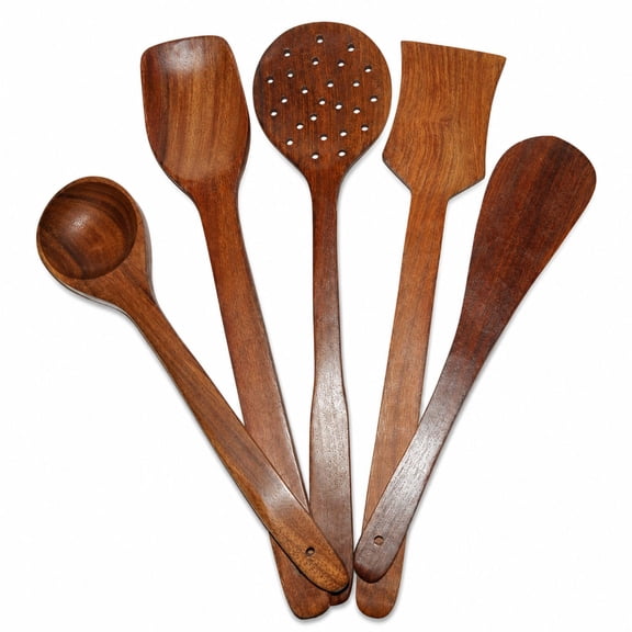 Premium Wooden Kitchen Cooking Utensil Set – Natural Finish, Durable & Lightweight – Multi-Purpose Spoon & Spatula Set for Everyday Cooking (Set of 5)