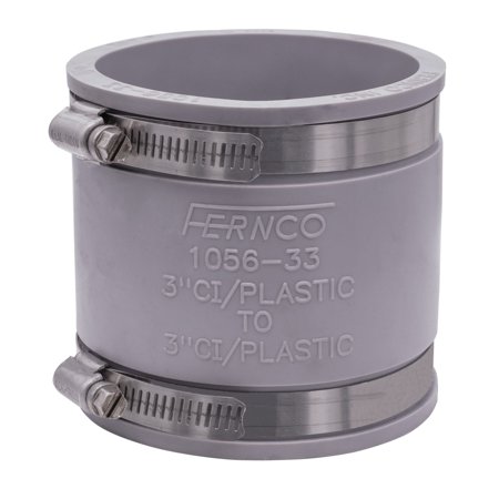 Fernco 1056-33 3" Flexible PVC Pipe Coupling for Cast Iron and Plastic Plumbing Connections, Gray
