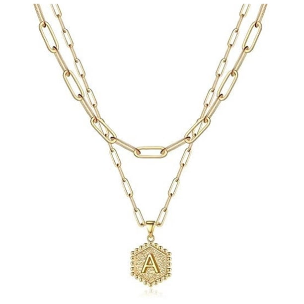 Collares con iniciales en capas para mujer, simple y lindo colgante de letra hexagonal con clip de papel, collar de cadena con inicial, collar de gargantilla, collares en capas de oro para mujer (dor TUNC Sencillez