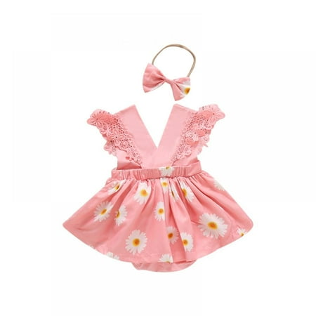 

Linen Purity Newborn Little Chrysanthemum Flying Sleeve Round Neck Romper with Floral Printe Bowknot Headband