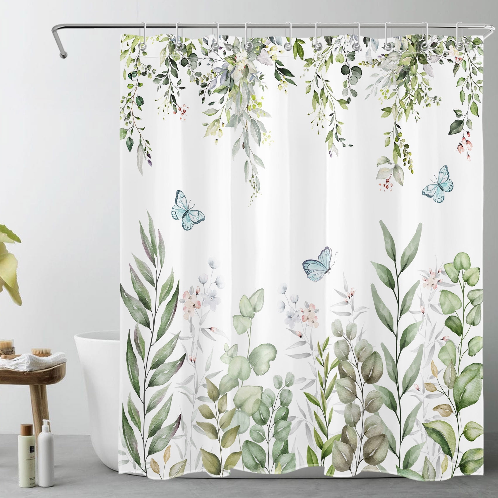 Sage Green Leaf Shower Curtain for Bathroom, Watercolor Plant