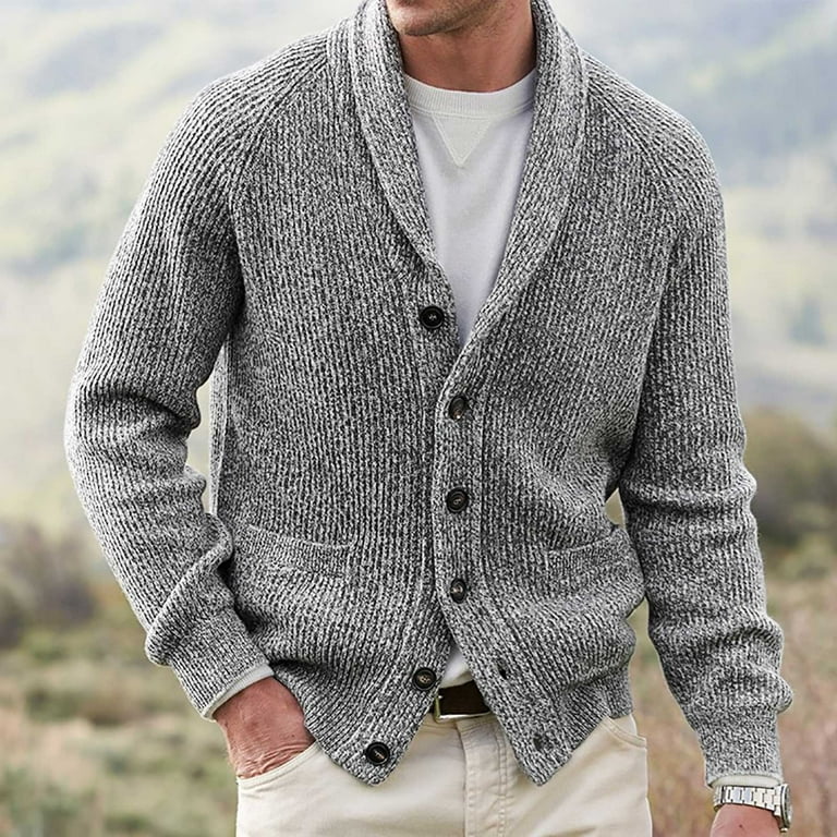 Mens Sweater Shawl Collar Cardigan Sweaters with Pockets Button Up