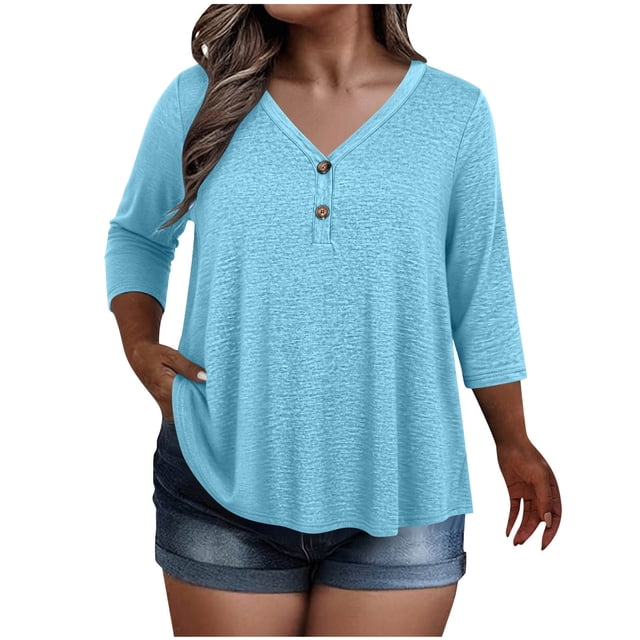 KyCheLot Women's V Neck Tops Fall Button Plus Size 3/4 Length Sleeve Solid Color Clothes Comfy Loose Hiking Tops