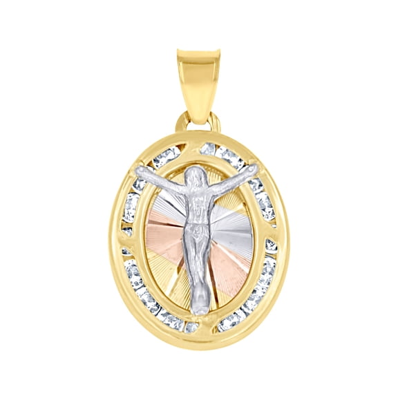 10k Tri-color Gold Unisex Cubic Zirconia Textured Crucifix Religious Oval Charm Pendant Necklace 20.9x12.2mm Wide Pendan