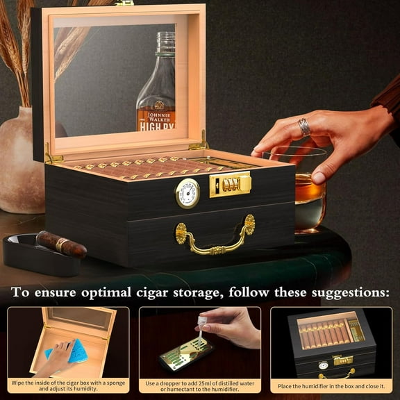 Lockable Cigar Humidor Box with Glass Top, Spanish Cedar Lined Desktop Humidor for Men, Front Hygrometer & Humidifier, Accessory Drawer, Complete Cigar Cutter Set, Holds 20–50 Cigars