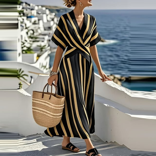 Ailaofu Robe Maxi à Rayures pour Femmes, Col en V, Manches Courtes, Taille Portefeuille, Évasée, Longueur Cheville