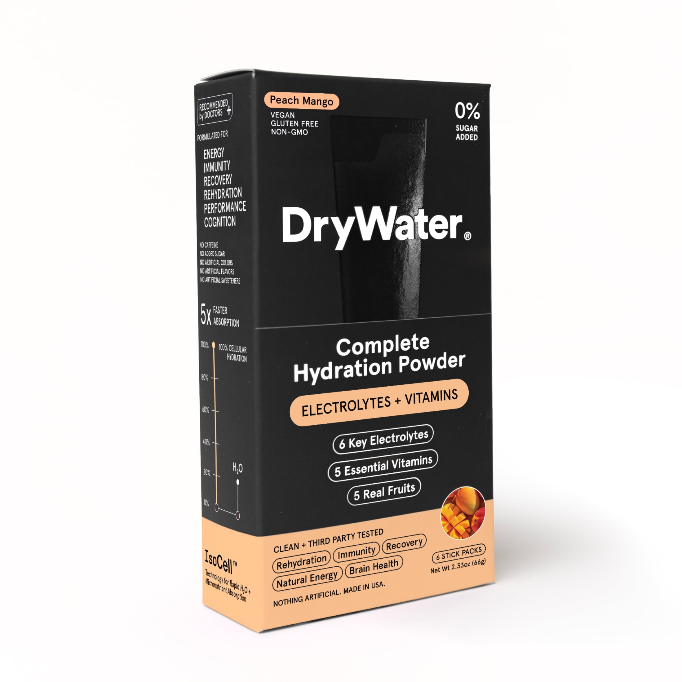 DryWater Hydration Powder with Electrolytes and Vitamins, Peach Mango Flavor, 6 Pack