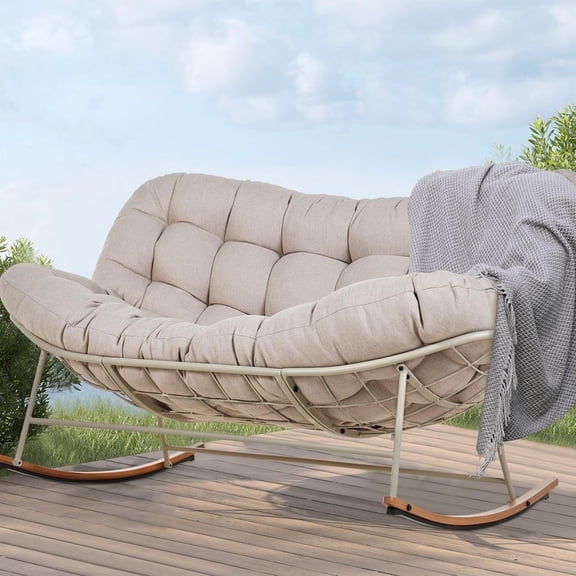 Grand Patio Outdoor Double Rocking Chair for 2 Adults, Oversized Rocking Papasan Chair with Padded Cushion, Beige
