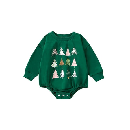 

Peyakidsaa Baby Girls Boys Christmas Romper Long Sleeve Christmas Tree Print Jumpsuits Bodysuits