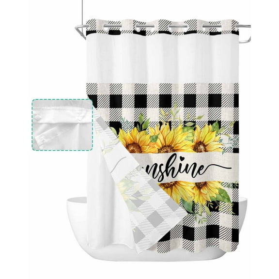 No Hook Shower Curtain with Snap in Liner, Sunshine Sunflower on Black and White Buffalo Plaid Hotel Shower Curtains for Bathroom, Washable Shower Curtain Liner Set with Mesh Top Window, 72"x84"