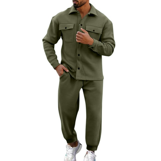 Uinagy Men's Autumn and Winter Fashion Jacket Button Coat Pants Two-Piece Suit