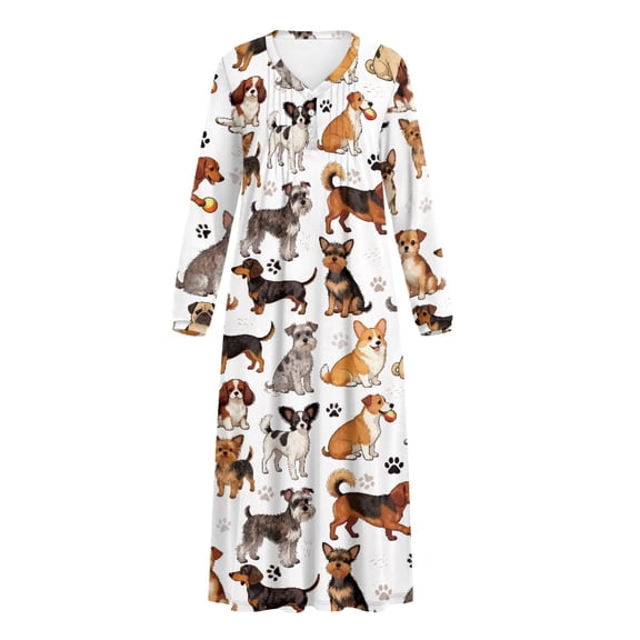 Uourmeti House Dress, Mixed Breed Dogs Print Long Sleeve Night Gown, Cozy V Neck Sleepwear for Home Pajama Party