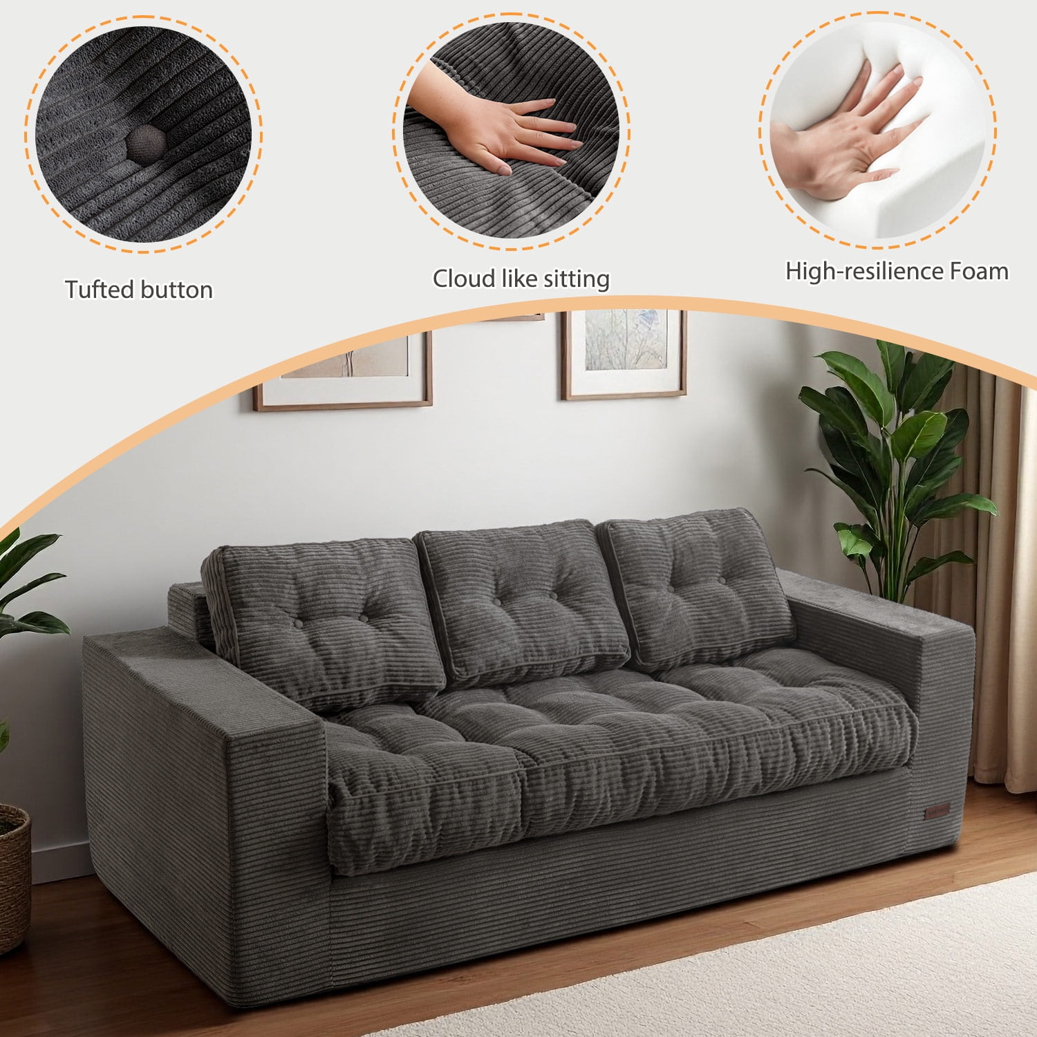 BYBYME 3 Seater Couch with Tufted Cushion & Backrest,Corduroy Floor Sofa with Armrests for Living Room Bedroom Office,Sofa in A Box,No Assembly Required,Dark Grey