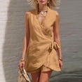 thumbnail image 2 of Ecqkame Two Piece Sets for Women Linen Wrap Side Tie V Neck Sleeveless Tops and Elastic Shorts Casual Summer Vacation Outfit Set Khaki XXXL, 2 of 8