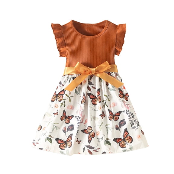 WOYY Girls Ruffle Sleeveless Dress Casual Butterfly Print Splice A Line Dress, Sizes 2-7