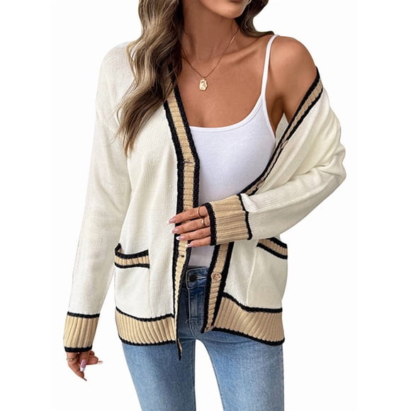 Cardigan Sweaters for Women Light-Weight Long Sleeve Open Front Knit Cardigan with Pockets Cream White M