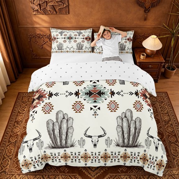jejeloiu Retro Aztec Geometric Duvet Cover Set Kids,Tribal Bohemian Style Print Bedding Full,Reversible,3-Piece(No Comforter)