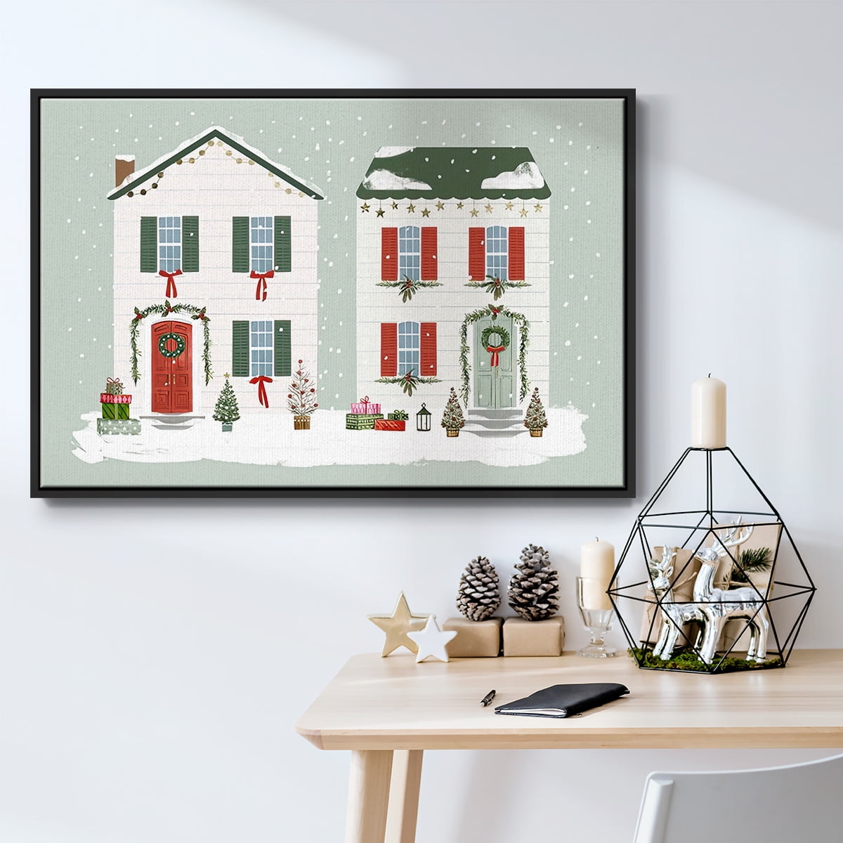 Festive Front Door Collection A - Framed Gallery Wrapped Holiday Canvas - 17 x 25 - Black Frame