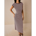 thumbnail image 5 of Women's Striped Knit Midi Dress, Crew Neck Cap Sleeve Bodycon Casual Dress, 5 of 8