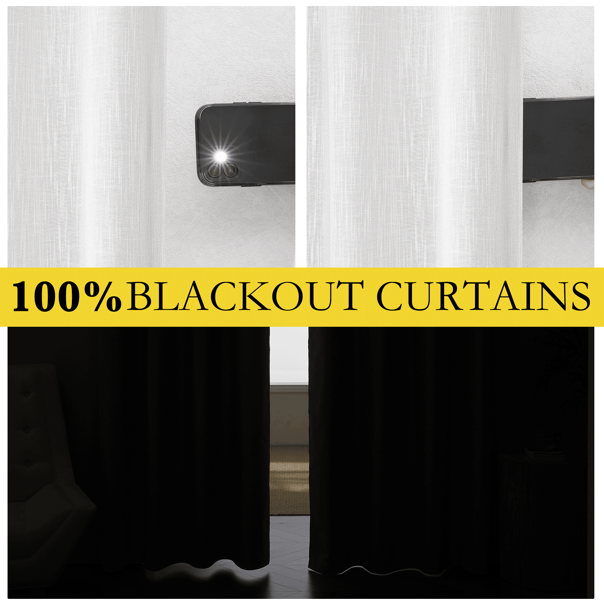 NICETOWN 100% Blackout Linen Curtains for Living Room, Noise Reducing Energy Saving Drapes with Thermal Insulated White Liner Grommet Privacy Window Treatments, White, 52"x63", 2 Panels