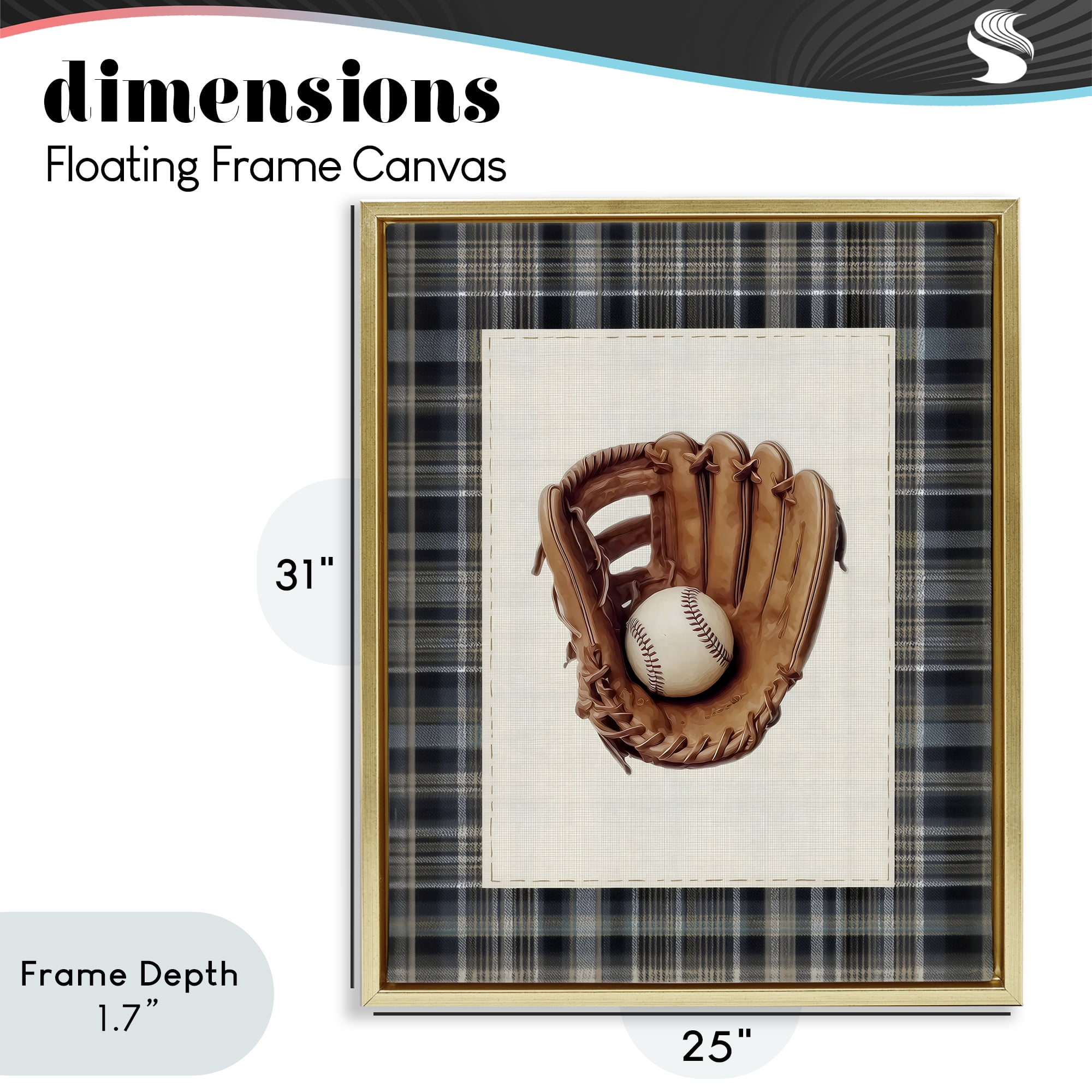 Stupell Industries Baseball Glove with Plaid Gold Framed Floater Canvas Wall Art, design by Arlington Prints