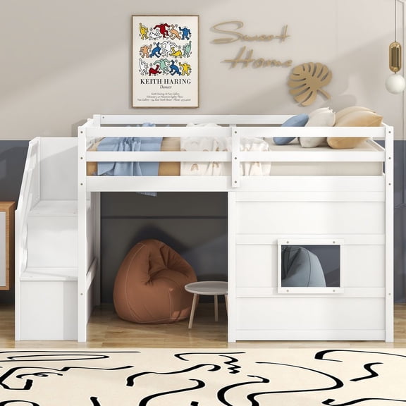 MIDOQIN Twin Size Loft Bed, White Wooden Loft Bed Frame with LED Light, Storage Staircase and Window, No Box Spring Needed, 94.8" L x 41.8" W x 50.6" H