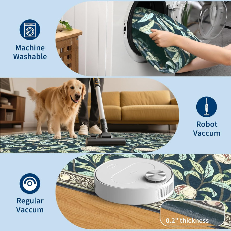 Washable Runner Rug 2x6 Non Slip Kitchen Hallway Runner Leaf Botanical Print Low Pile Throw Carpet Modern Home Decor Mat for Laundry Bathroom Indoor Use, Dark Blue