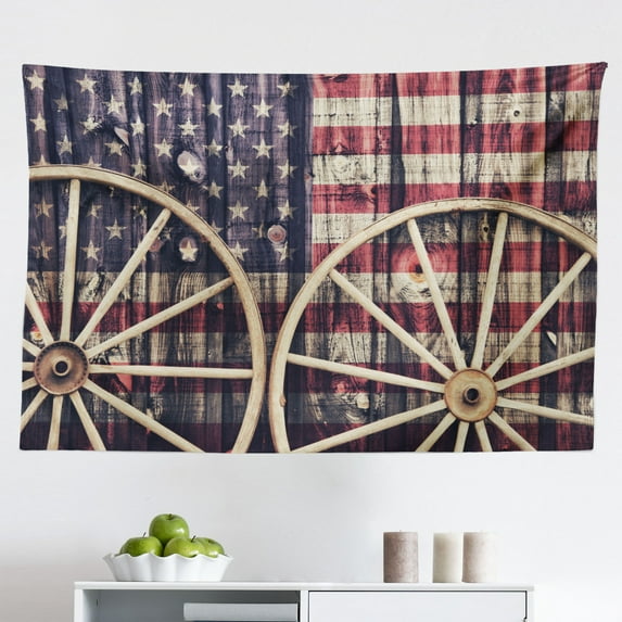 Western Tapestry, Image of Wild West Elements with Country Music Guitar and Cowboy Boots Retro Art, Fabric Wall Hanging Decor for Bedroom Living Room Dorm, 2 Sizes, Beige Orange, by Ambesonne