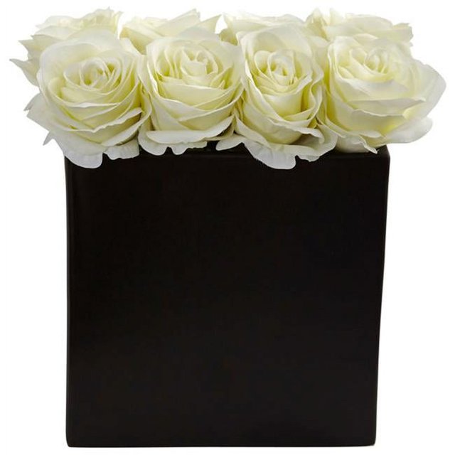 Nearly Natural 1510-WH Arrangement de Roses en Vase Noir&44; Blanc