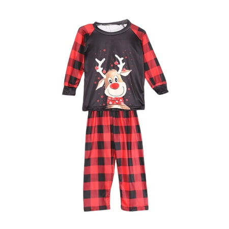 

luethbiezx Family Matching Christmas Pajamas Sets Cartoon Deer Plaid Print Sleepwear Nightwear Suits