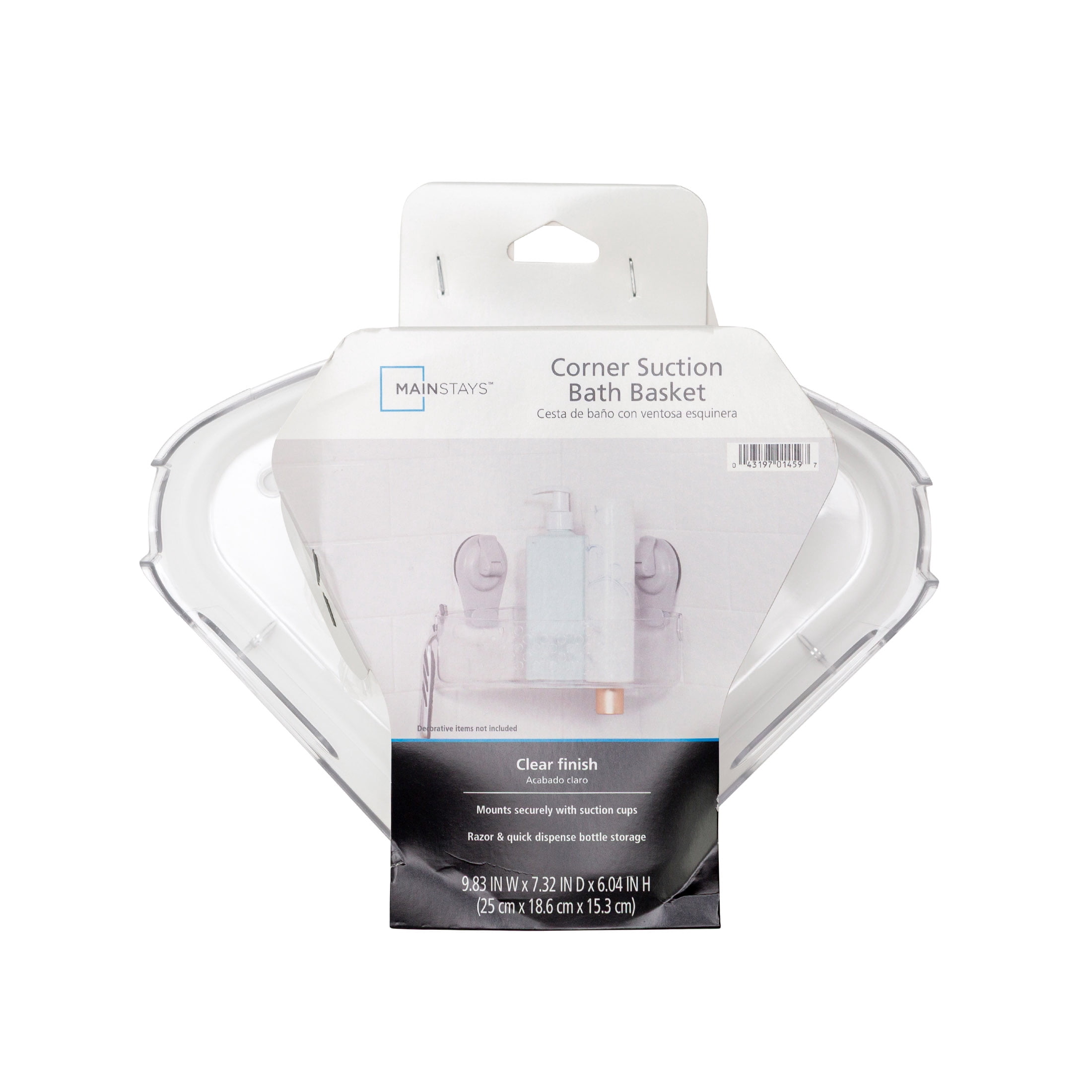 Mainstays Wall-Mounted Corner Suction Bath Basket, Easy to Install Shower Caddy, No Tools, Clear